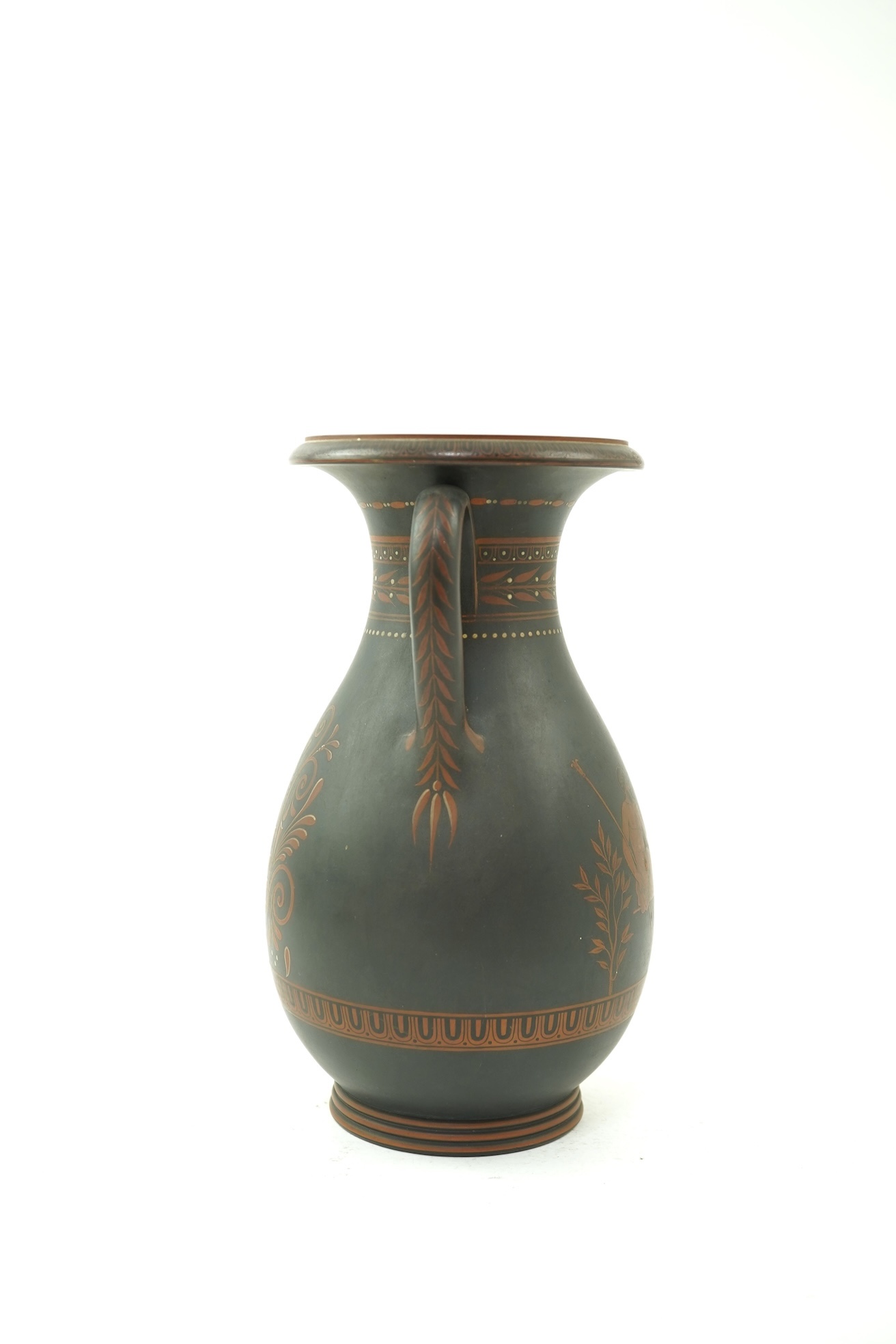 A rare Wedgwood encaustic decorated black basalt two handled baluster vase, late 18th century